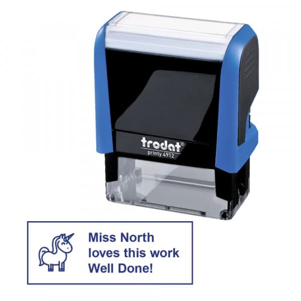 Personalised rectangular self-inking stamper in blue 