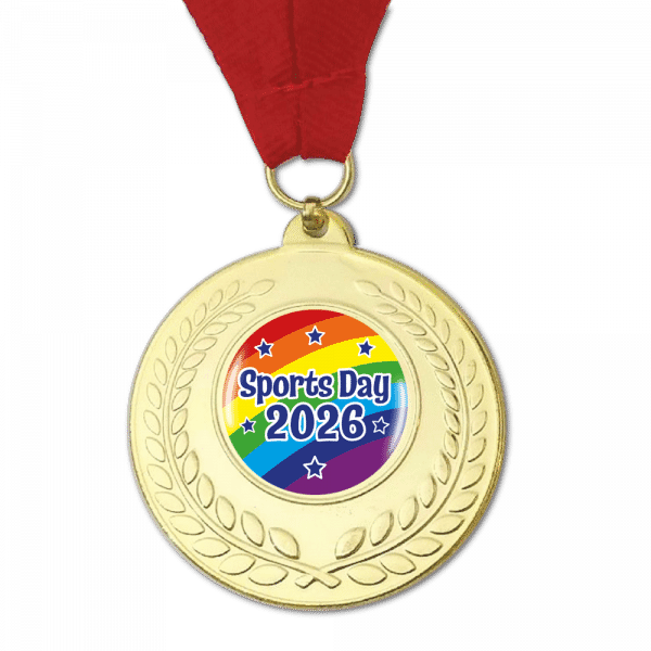 Sports Day Gold Medal – 1st Place Winner School Award with Red Ribbon (50mm)