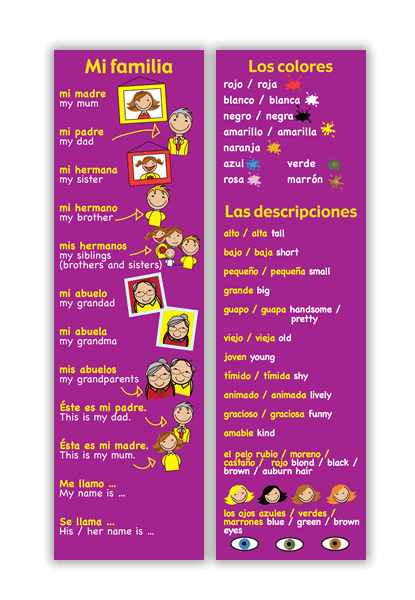 Bookmark: Spanish Family, Colours And Descriptions