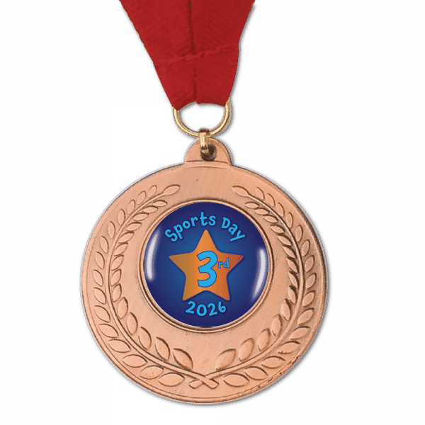 Sports Day Bronze Medal – 3rd Place School Award with Red Ribbon (50mm)