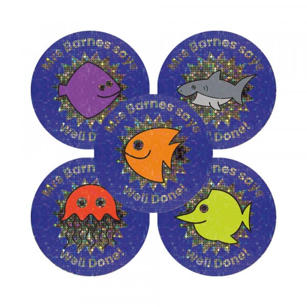 Quick Personalised Sparkly Stickers: Well Done Mixed Fishies From The Sticker Factory (35mm)