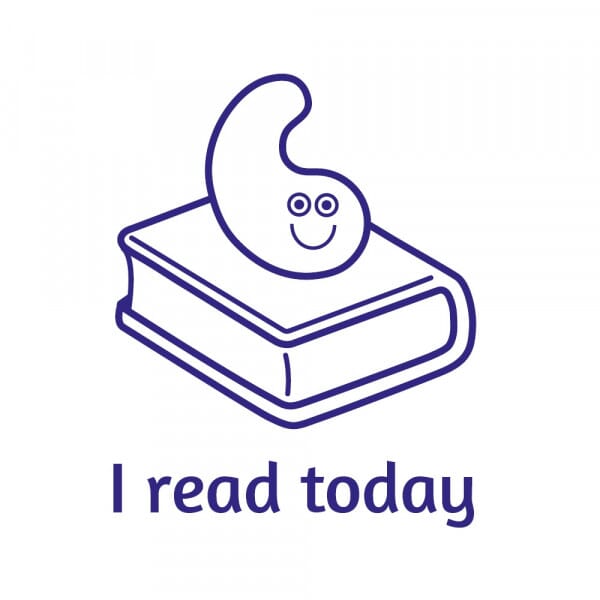 Sticker Factory Stamper: Square Ron Bookworm Stamper - I Read Today - Blue