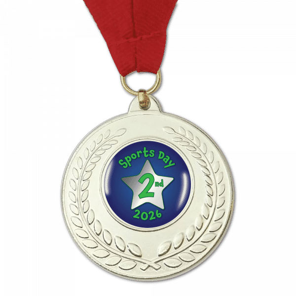 Sports Day Silver Medal – 2nd Place School Award with Red Ribbon (50mm)